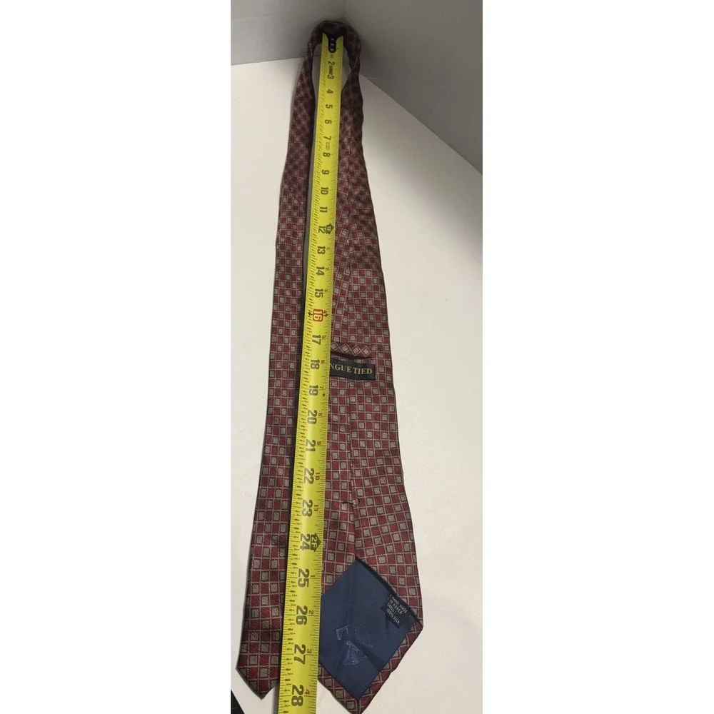 Tongue Tied Mens Silk Necktie Red Silver Geometric Square Pattern Hand Made